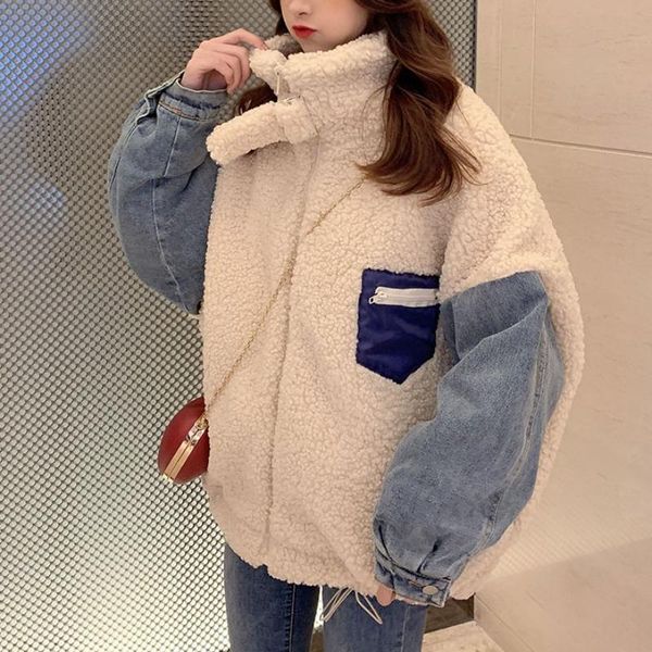 

women's down & parkas 2021 acetate autumn winter korean style fashion loose stitching thickening warm lamb coat jacket, Black