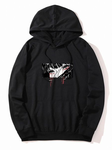 

romwe guys kangaroo pocket comic graphic drawstring hoodie s5qo#, Black