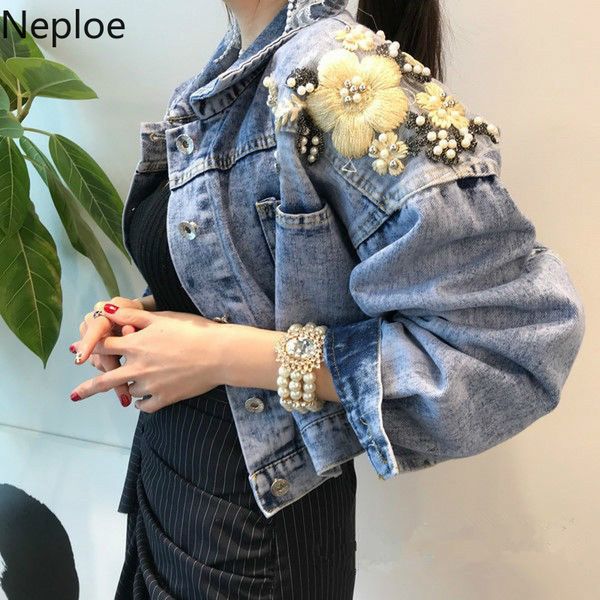 

neploe turn down collar long sleeve single breaast denim jacket appliques patchwork pocket chaqueta mujer autumn spring coat, Black;brown