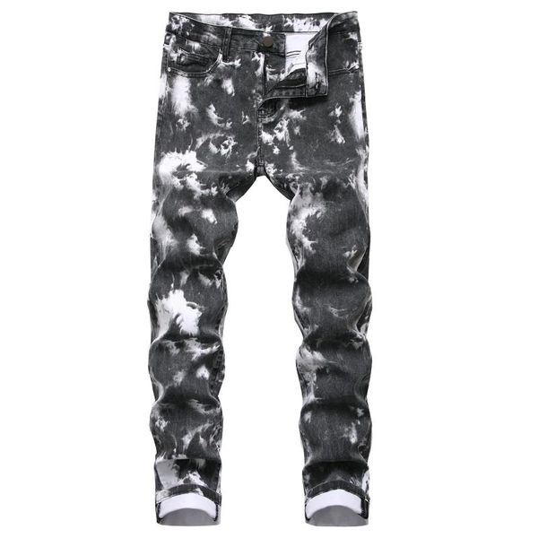 

men's jeans ropa fashion stretch slim fit jet black trousers street casual men tie dye skinny denim punk pants vaqueros hombre, Blue