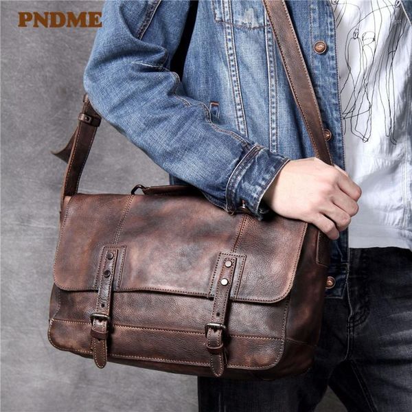 

business casual genuine leather men's briefcase vintage first layer cowhide cowhide work 13 inch lapshoulder messenger bags1