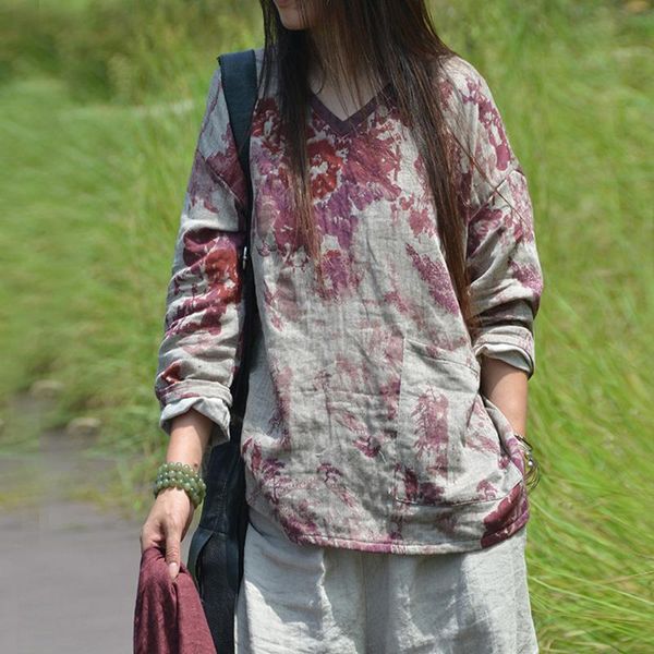 

women's t-shirt johnature women autumn print floral t-shirts v-neck long sleeve 2021 cotton linen loose vintage pockets female, White