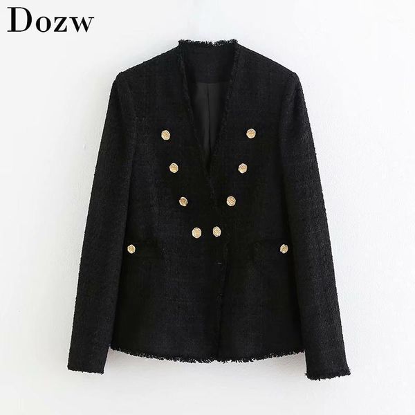 

fashion black color blazer women double breasted long sleeve casual coat female v neck button elegant jacket outwear veste femme1, White;black