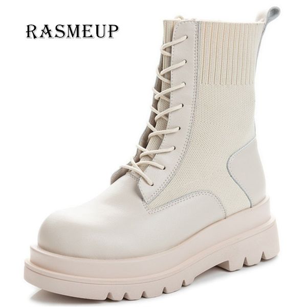 

rasmeup genuine leather platform boots new autumn women light comfortable chunky boots fashion lace up lady shoes footwear c1011, Black;white