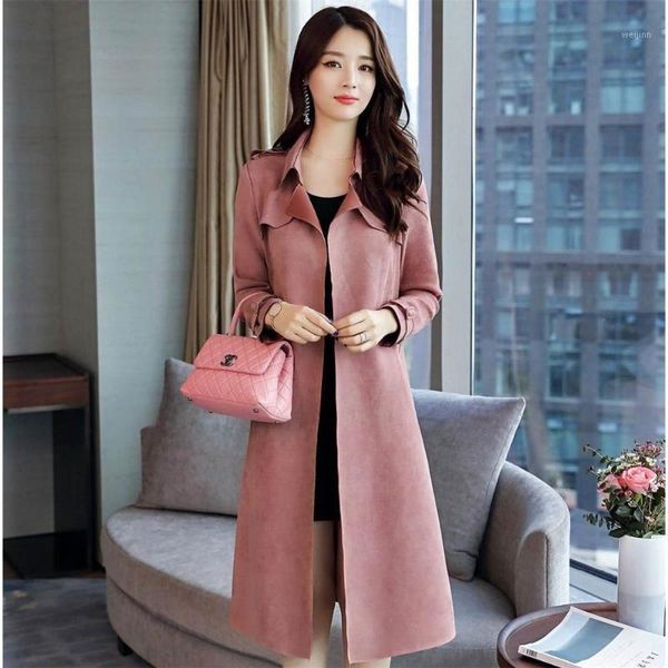 

autumn suede trench coat women long elegant outwear with belt overcoat slim suede cardigan trench veste femme korean clothes new1, Tan;black