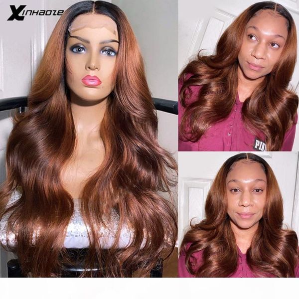 

natural wave ombre brown t-part 13*6*1 lace front human hair wigs 150% density 5*5'' scalp closure wigs with baby hair, Black;brown