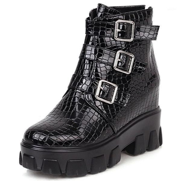 

boots height increasing heels platform buckles winter shoes women ankle female footwear1, Black