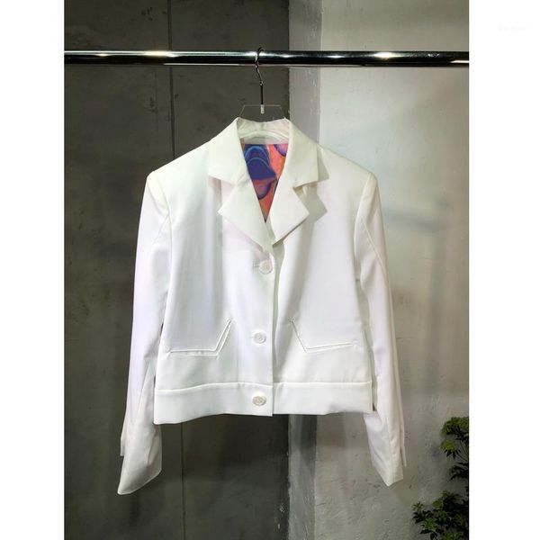 

5.18 2020 summer new women fashion turn-down collar single breasted long sleeve lining print temperament blazer coat1, White;black