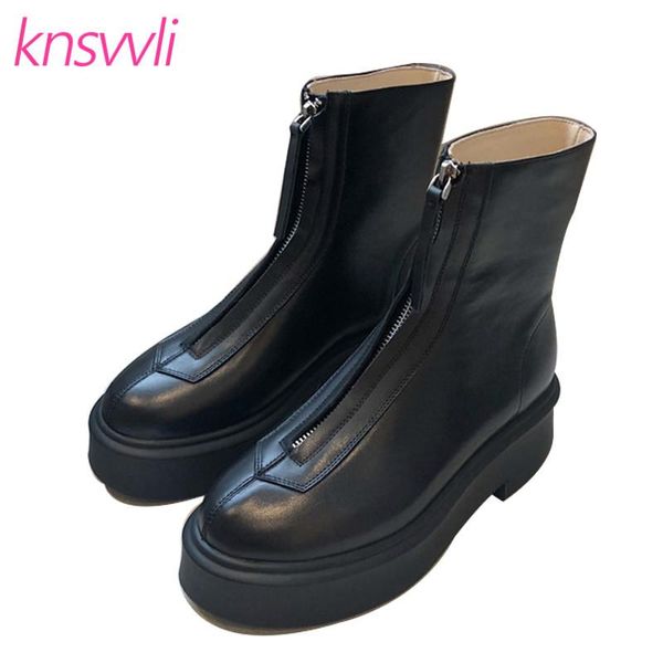 

boots thick sole platform motorcycle women front zip winter shoes casual rome short monolith high heel ankle woman, Black