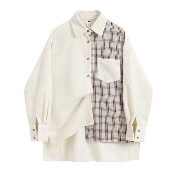 

oversize corduroy shirt khaki striped blouse long sleeve stitching plaid women's shirt 2021 fashion tide spring autumn, White