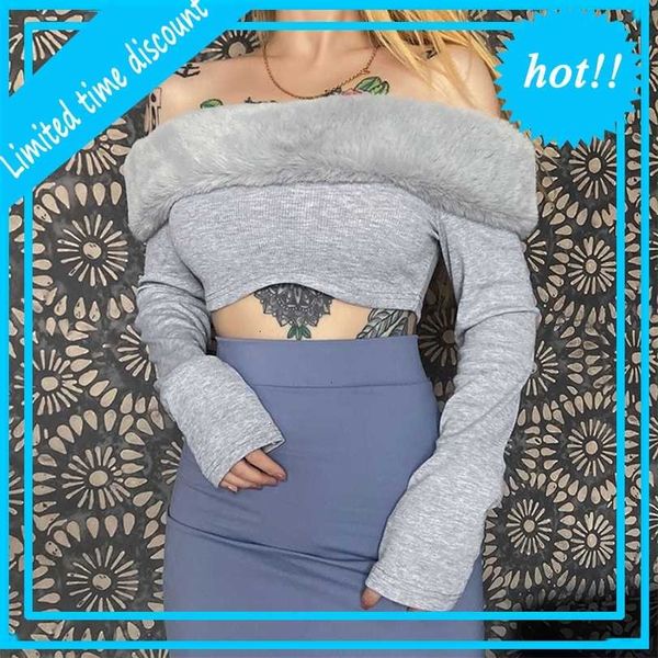 

wind 2021 autumn and winter new women's wear pure color slim plush one line collar open navel long sleeve t-shirt for women, White