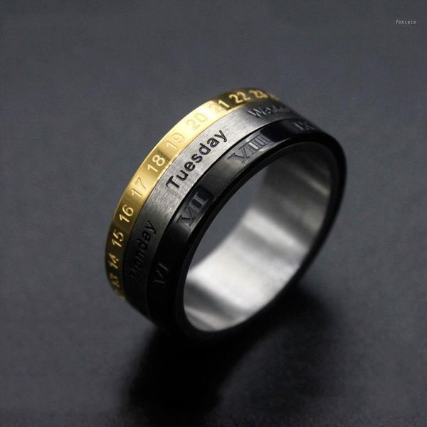 Cluster Ringe Modeschmuck Drehbare 316L Römische Digital Datum Edelstahl Polnischen Kreis Paar Ring Hochzeit Verlobung1