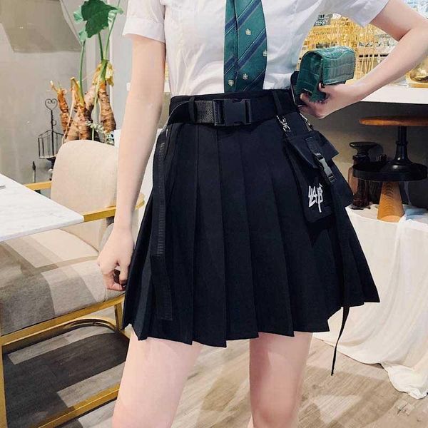 

harajuku dark pleated skirts women pocket high waist retro mini skirts 2020 new fashion streetwear summer female skirts, Black