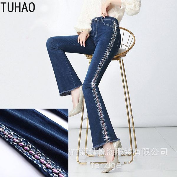 

tuhao 2020 beading embroidery flare pants plus size 7xl 6xl 5xl casual women high waist jeans female blue mom trousers fit pants1