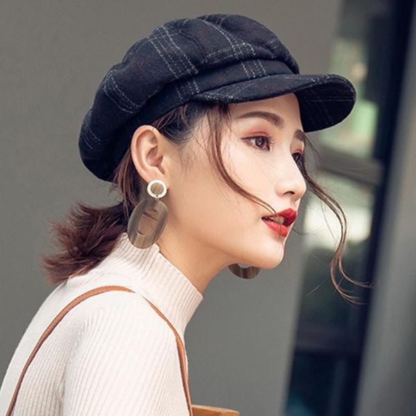 

women's hat winter fashion cap british style casual beret plaid woolen octagonal hat outdoor plaid print painter, Blue;gray