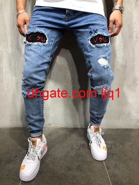 

men's jeans new men's wear pants with hole embroidery men's leggings, Blue