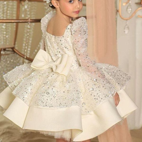 Блестящие белые платья с блестками для девочек-цветочниц, платья с длинными рукавами для дня рождения, свадьбы, халат для гостей De Demoiselle, принцесса Communion205G