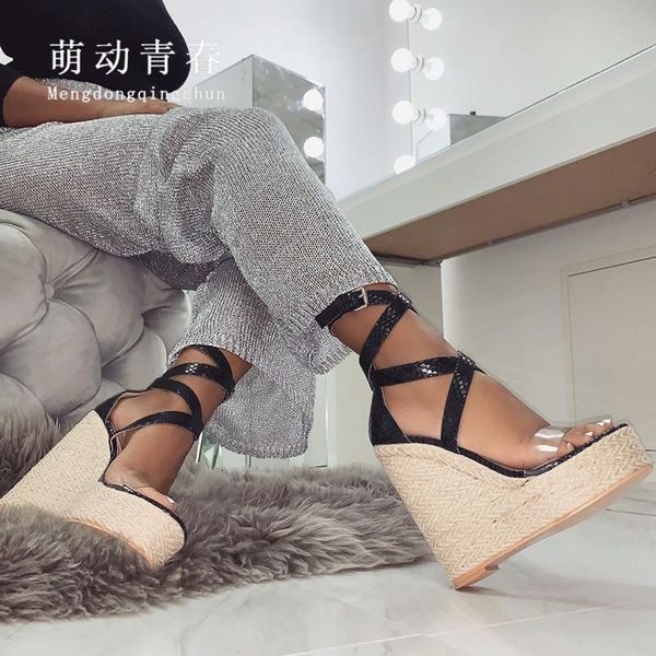 

women sandals 15cm high heeled gladiator summer beach sandalias shoes snake print cane lace up ankle strap platform pumps, Black