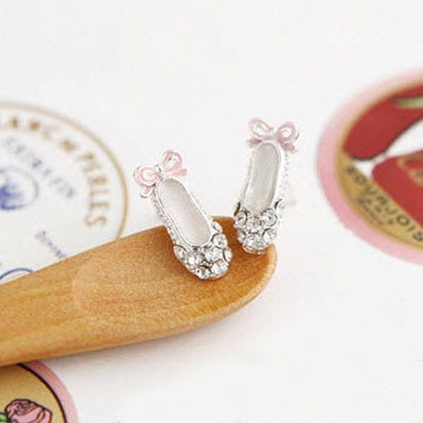 

stud women gift bowknot accessories jewelry cute sweet rhinestone delicate ballet shoes shape ear, Golden;silver
