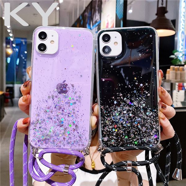 

new transparent glitter bling strap cord chain necklace lanyard soft phone case for iphone 11 pro xs max xr x 7 8 plus 6 plus