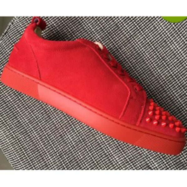 

designer low cut sneakers leisure lace up black red blue suede with spikes red bottom for men womem casual loafers, Red;white