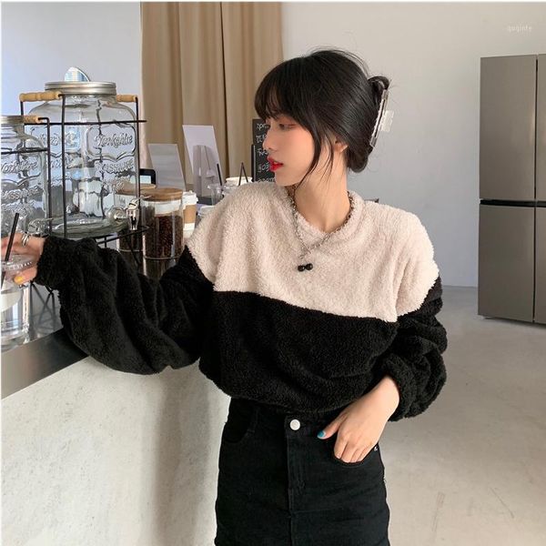 

2020 winter office lady fashion short patchwork o-neck loose thick pullovers all-match long sleeve hooded sweatshirt korean coat1, Black