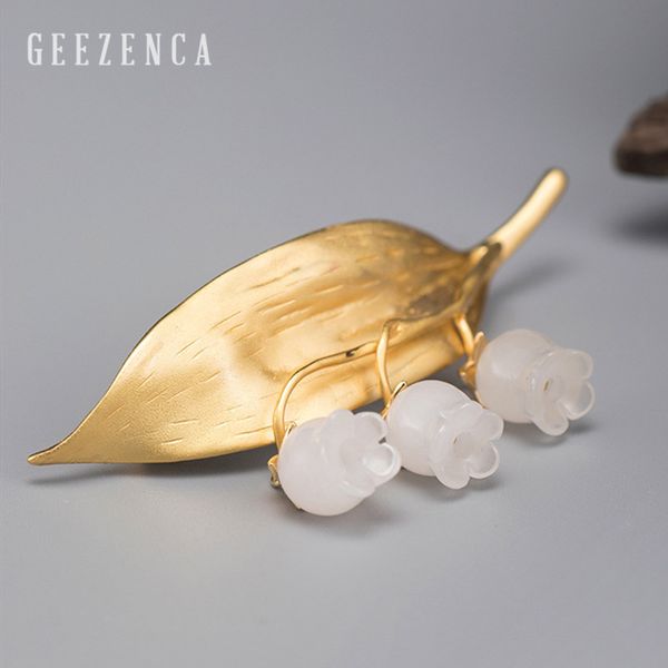 

925 sterling silver golden leaf white jade flower brooch fine jewelry for women handmade craft original design brooch party gift 201009, Gray