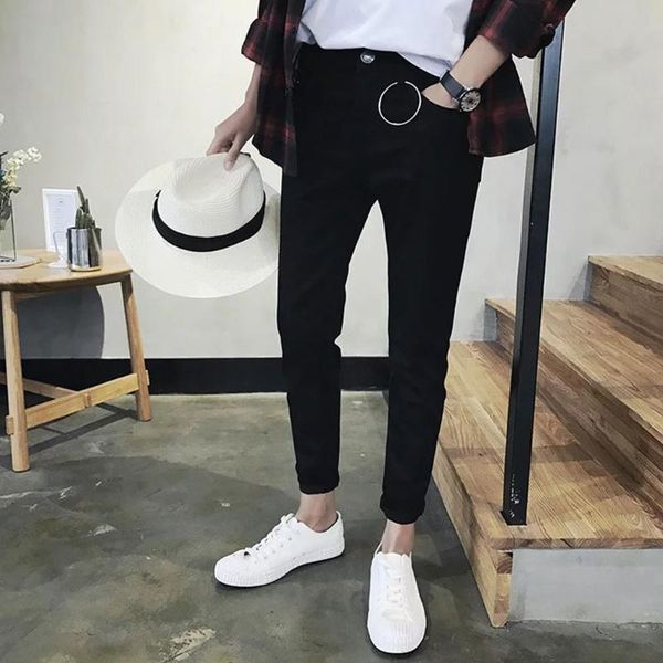 

men's jeans fashion spring elastic zipper casual skinny thin mid waist trousers men pencil pants autumn denim with ring, Blue