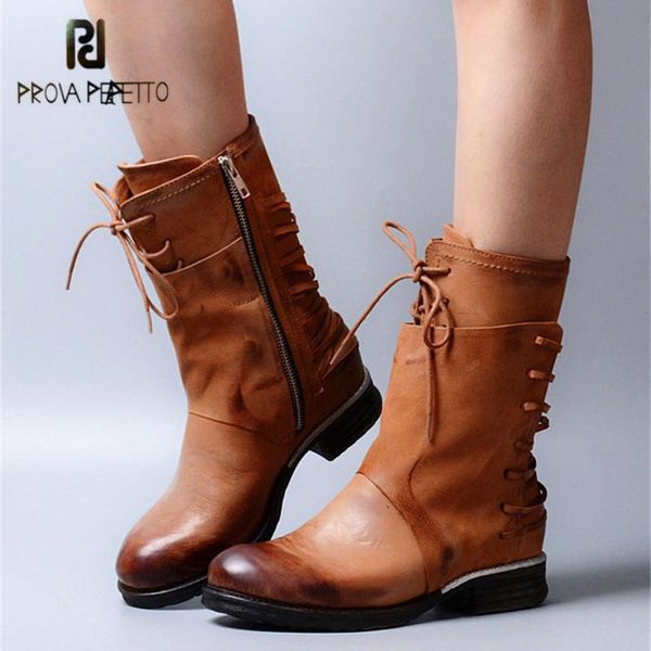 

prova perfetto genuine leather women high boots retro lace up riding boot rubber flat shoes woman mid-calf platform botas mujer, Black