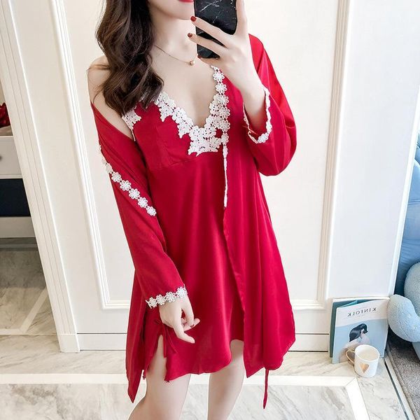 

red lace flower trim 2pcs faux silk robe gown sets lady sweet bathrobe nightgown sleepwear spring new loose homewear1, Black;red