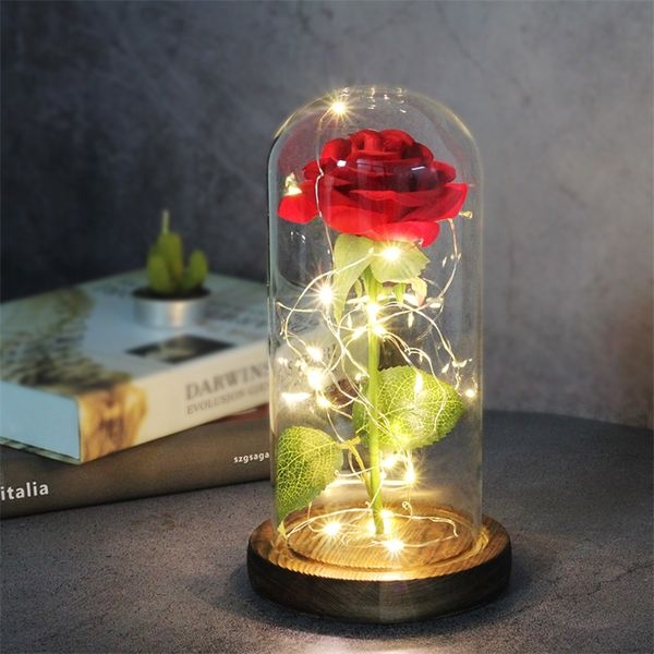 Artificial eterno rosa beleza e besta flor em tampa de vidro LED luz de decoração de Natal para o presente dia dos namorados y201020