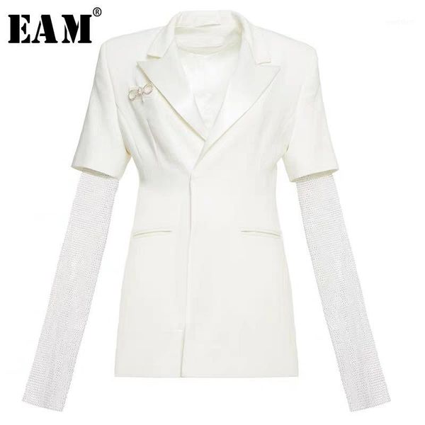 

eam] women white rhinestones shining blazer new lapel long sleeve loose fit jacket fashion tide spring autumn 2020 1x27301, White;black