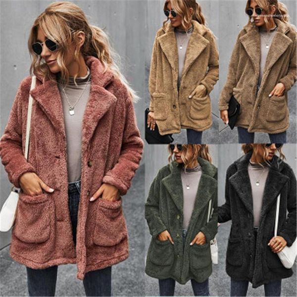 

outerwear designer female fleece single breasted coats ladies lapel collar plush coat fashion thicken long sleeve woolen cardigan mid-length, Black