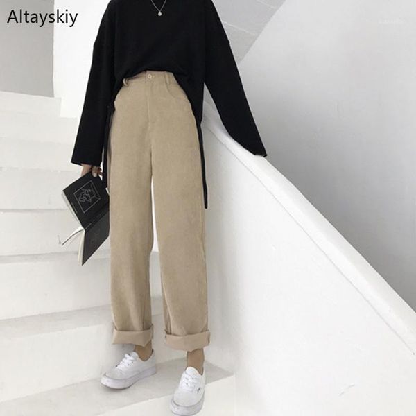 

pants women solid high waist simple all-match korean style zipper pockets leisure soft corduroy pant womens loose trousers chic1, Black;white