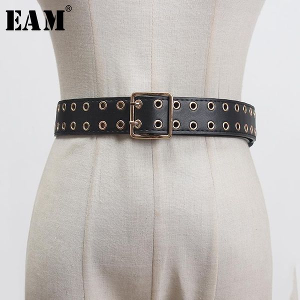 

eam] pu leather double buckle black hollow out split long wide belt personality women new fashion all-match spring 2020 1s915, Black;brown