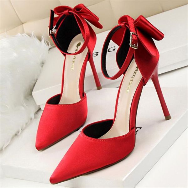 

women's shoes thin heels high-heeled lips pointed satin hollow loop tape woman sandals alias mujer qgkc, Black