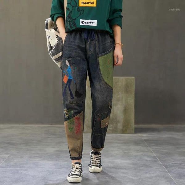 

woman jeans high waist loose casual harem pants vintage embroidery prints drawstring ankle-length denim trousers 2020 fashion1, Blue