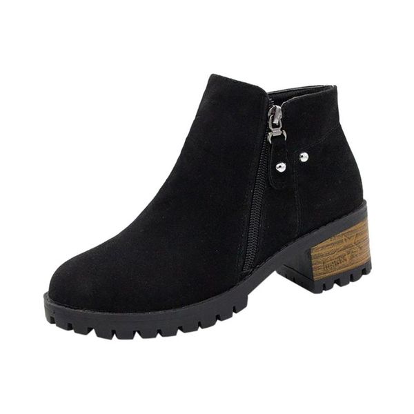 

chunky heels vintage women boots fashion pure color round toe zipper boots with thick scrub european ladies rubber flock shoes, Black
