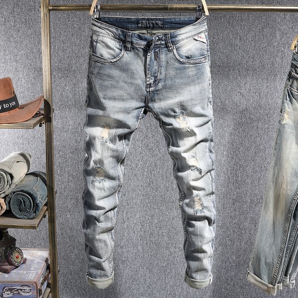 

2021 new italian style fashion men retro light blue elastic slim fit ripped jeans patchwork vintage designer hip hop pencil pants 4l25