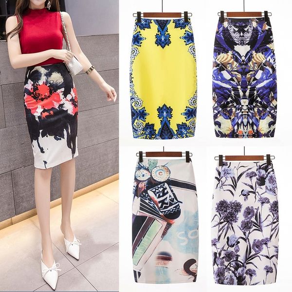 

ready stock fashion women elastic high waist pencil skirts women printed commuter wear summer midi skirt, Black