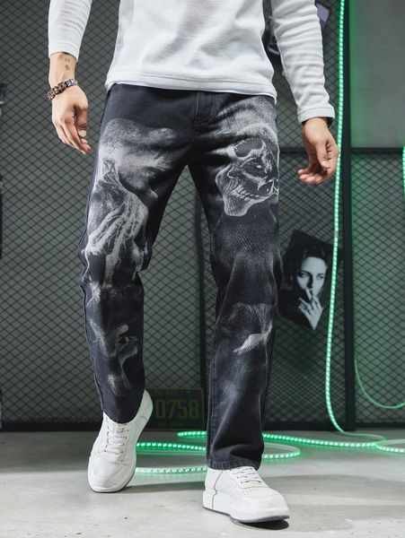 

men skeleton print jeans 08ij#, Blue