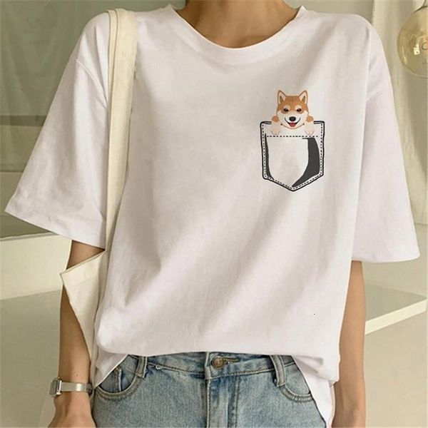 

maycaur pocket shiba inu t рубашки женщины kawaii печатная рубашка смешная графическая корейский одежда топы harajuku ulzzang футболка женщи, White