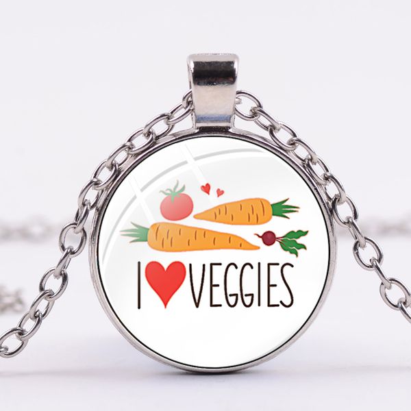 

i love vegan green vegetables creative necklace vegetarian lifestyle art drawing fashion glass cabochon pendants jewelry, Silver
