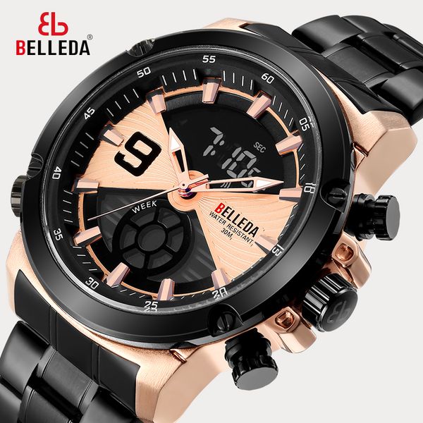 

black steel quartz watch with double analog sports screen for men's brand luxury fashion beauty, Slivery;brown