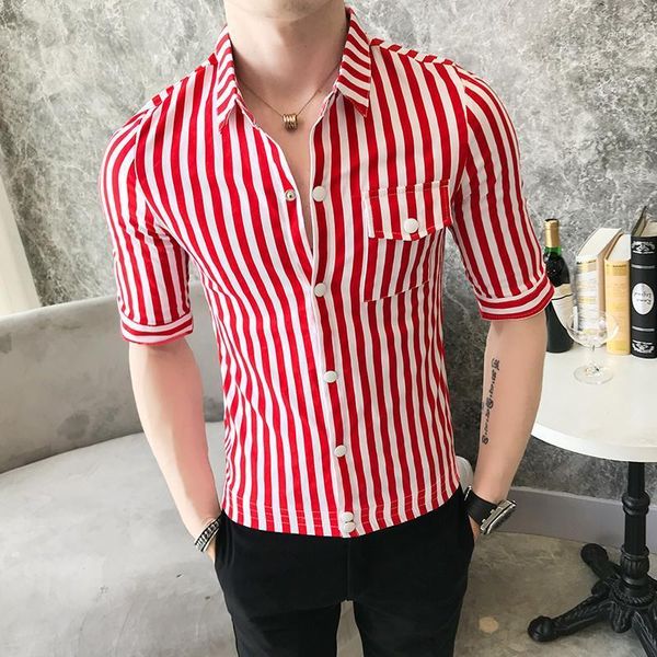 

new vertical stripe men shirts luxury one pockets three quarter sleeve mens dress shirts camisa social masculina slim man1, White;black