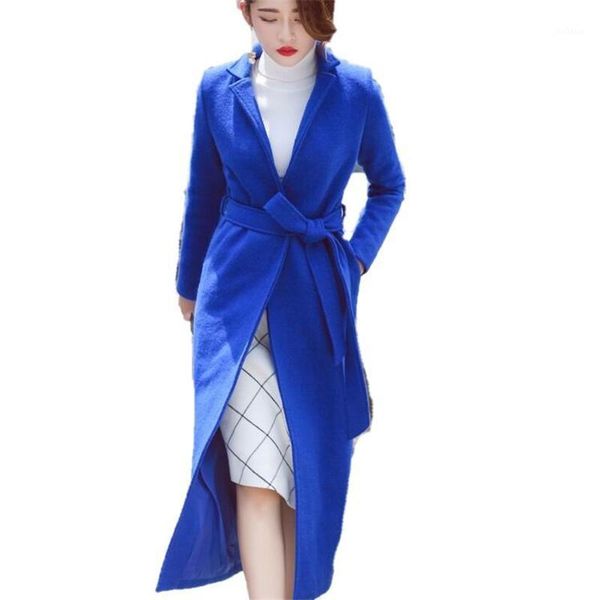 

woolen coat women 2020 long parkas manteau elegant winter outerwear female long sleeve belt waisted slim maxi overcoat h3201, Black