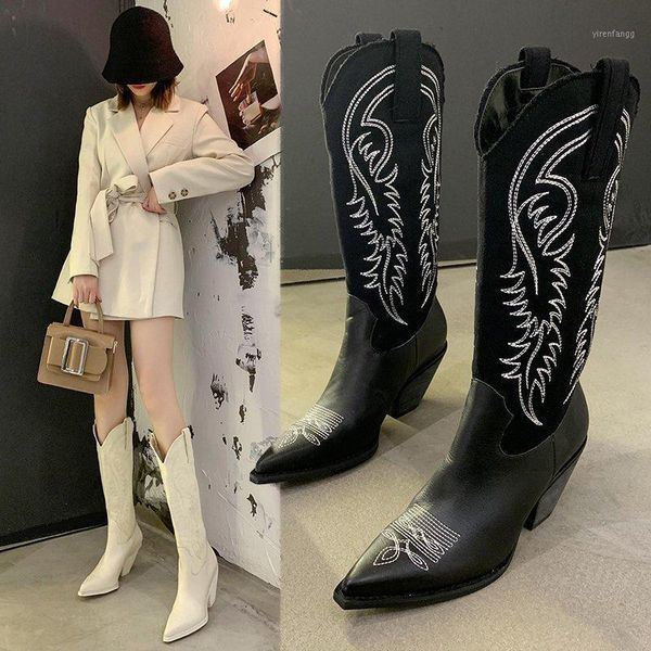 

embriodery women cowboy boots knee high female fashion boots pointed toe 2020 auutmn new thick heel tall black1, Black