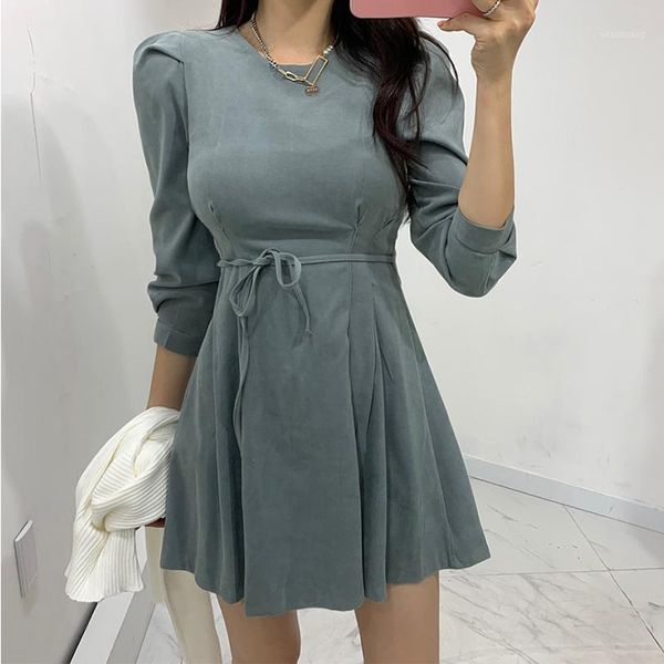 

korean women mini dress vintage puff sleeve high waist lace up a-line dress autumn fashion solid ladies elegant party1, Black;gray