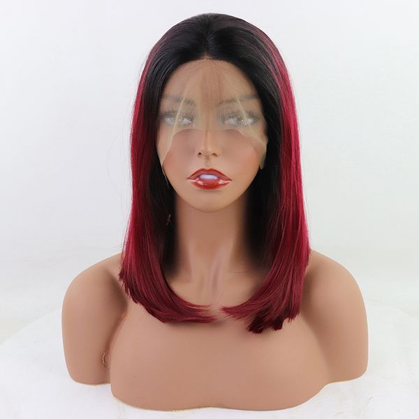 

ombre 99j red synthetic lace front wigs for black women burgundy 14inch straight middle part short bob cut lace front wigs, Black;brown
