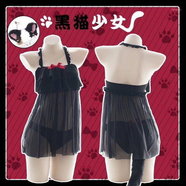 

lingerie cat cosplay costume black women erotic lace with cute bow adorable kitty sleepwear uniform tail underwear.1, Red;black